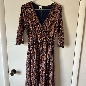 Mata Trader Floral Wrap Dress in Navy and Orange